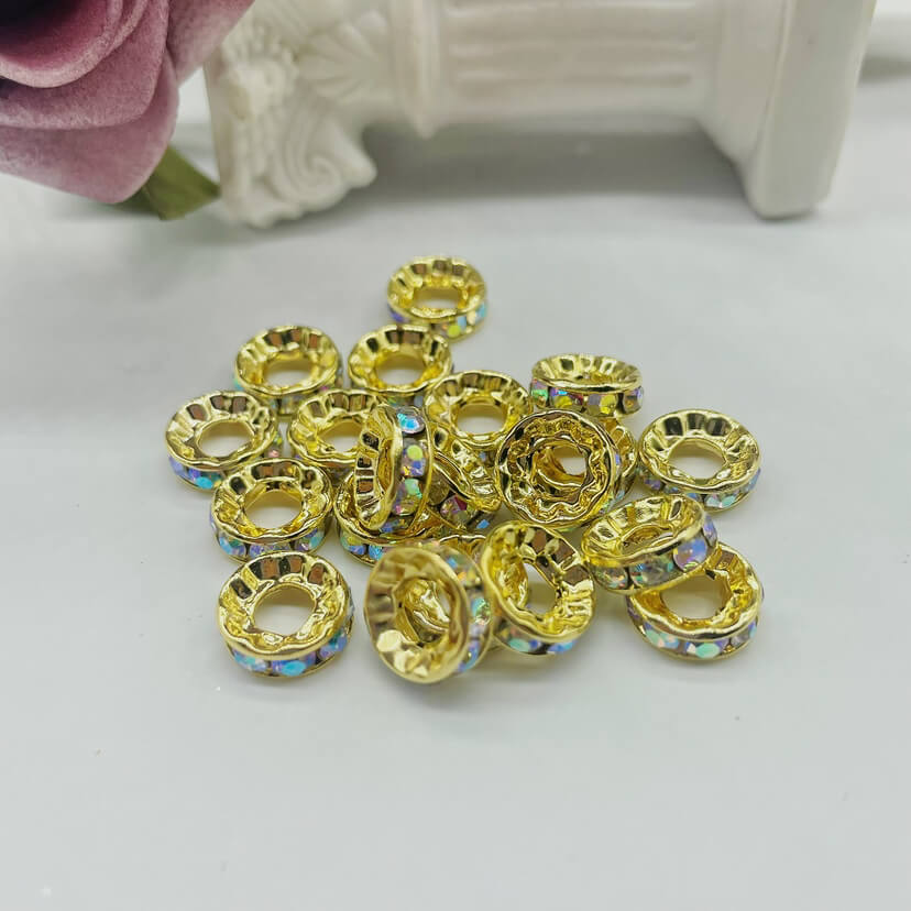 100pcs 10mm Large Hole Rhinestone Spacer Beads Copper Metal Frame 24