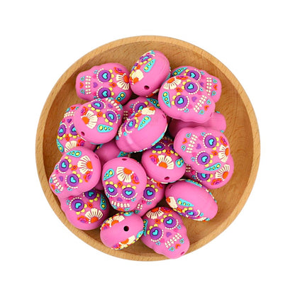 20Pcs Silicone 3D Focal Beads Halloween Pink Flower Skull Holding Flower 3