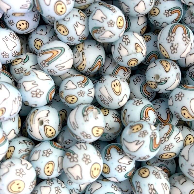 50pcs 15mm Rainbow Clouds Flower Print Silicone Beads