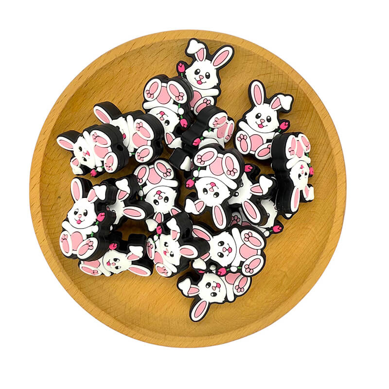Silicone Focal Beads Easter Rose Rabbit Holding Flower 2