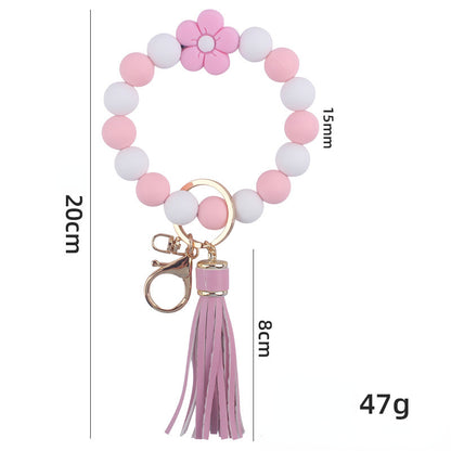 Flower Silicone Bead Wristlet Keychain with PU Leather Tassel 5