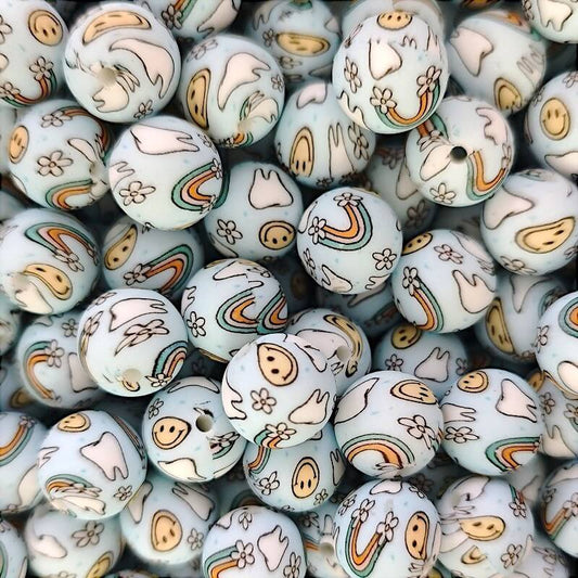 50pcs 15mm Blue Smiling Flower Rainbow Print Silicone Beads