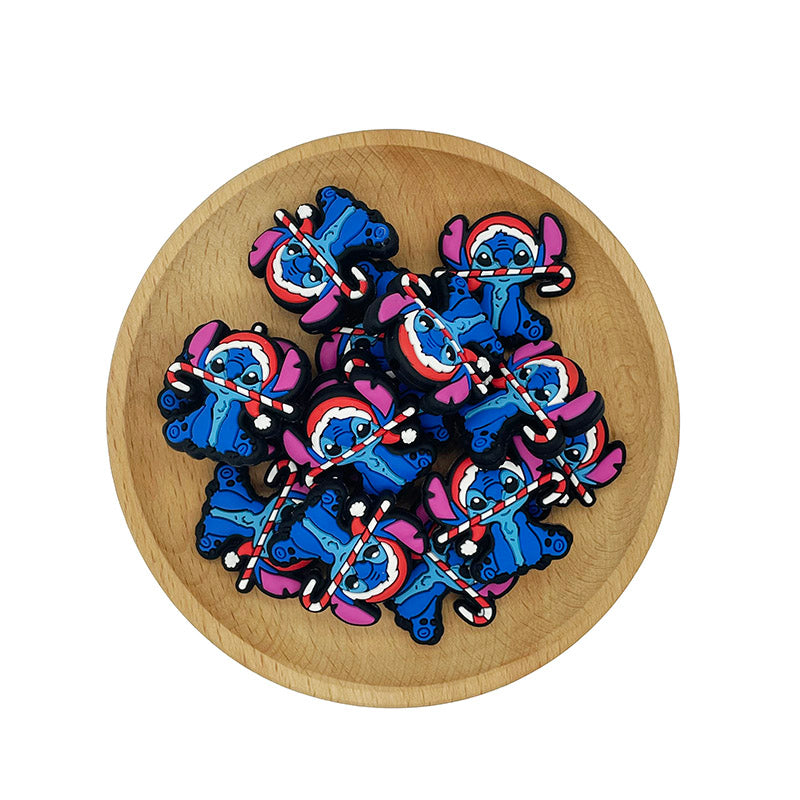 20pcs Silicone 3D Focal Beads Blue Alien Character Large Ears Wearing Red Santa Hat 2