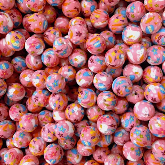 50pcs 15mm Cute Rabbit Carrot Flower Printed Silicone Beads Multi Color