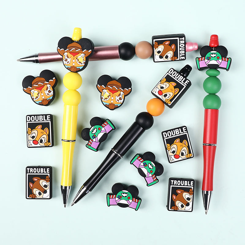 20Pcs Silicone Focal Beads Round Ear Mouse Character with Cowboy Hat and Space Helmet 7