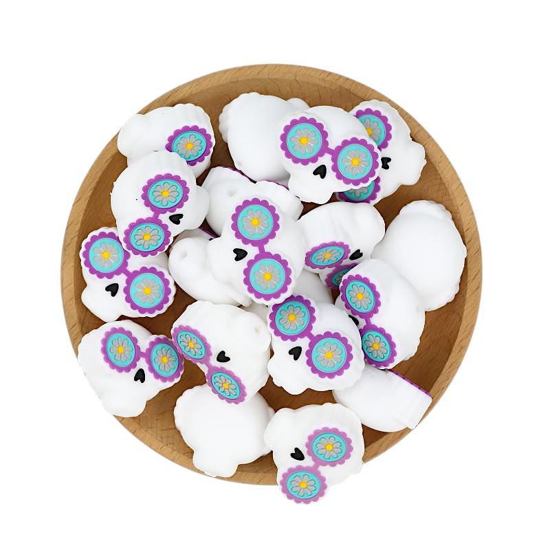 20Pcs Silicone 3D Focal Beads Halloween Skull Wearing Sunglasses 3