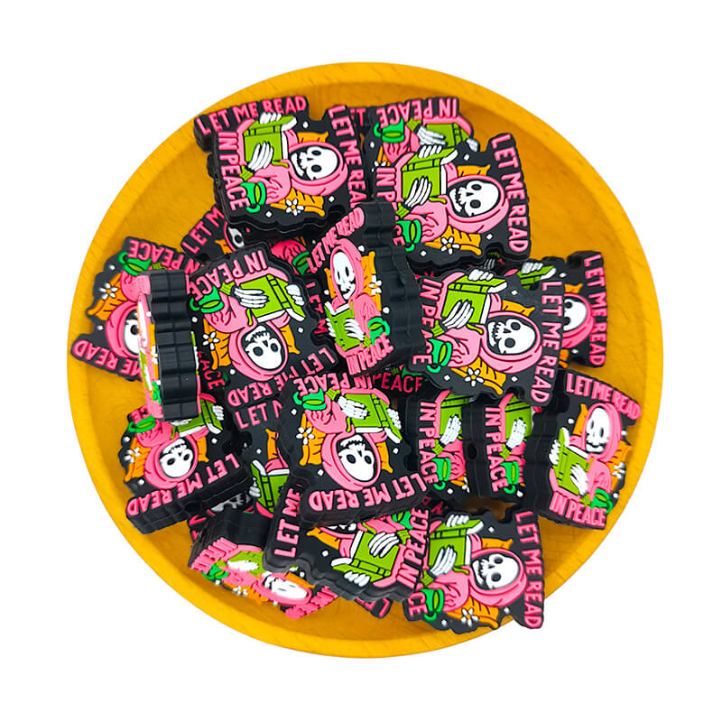 Silicone Focal Beads Skeleton Reading Book with Text Let Me Read in Peace 2