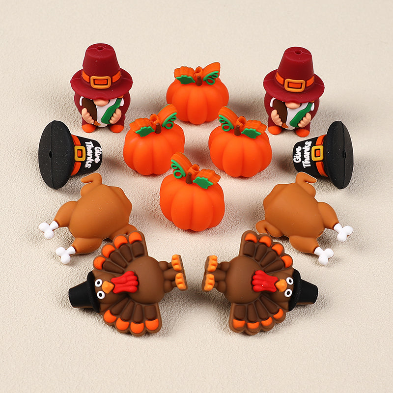 20Pcs Silicone 3D Focal Beads Thanksgiving Theme Turkey Pumpkin Hat Designs 3