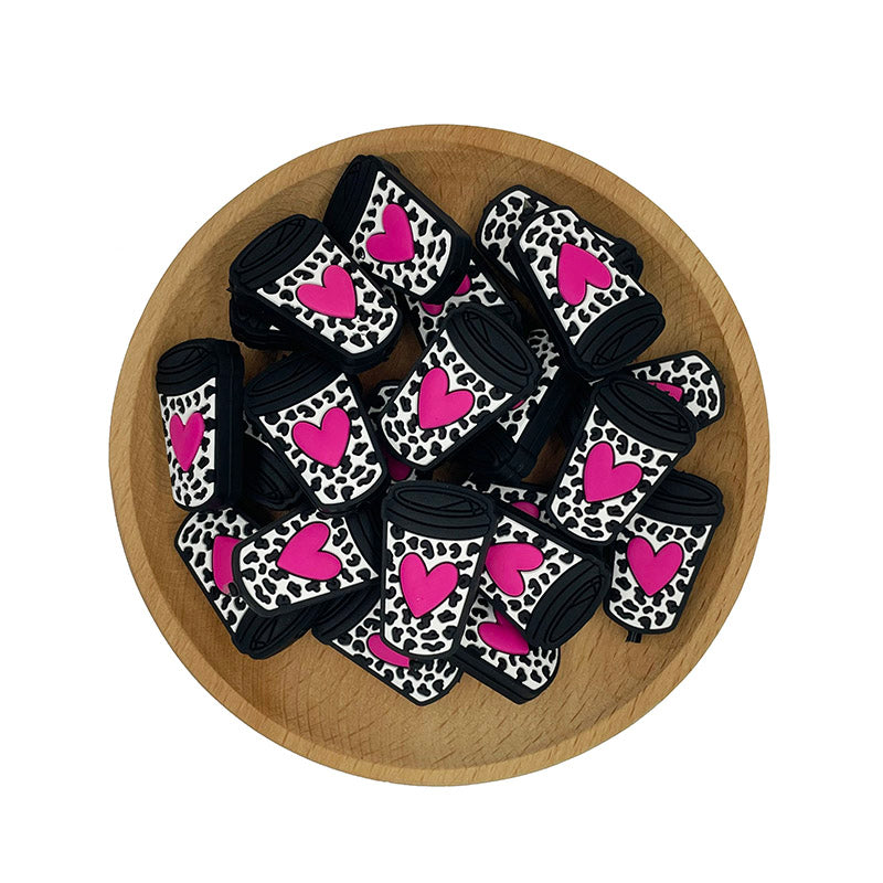 20pcs Silicone Focal Beads Heart Cup Leopard Pattern 2