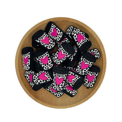20pcs Silicone Focal Beads Heart Cup Leopard Pattern 2