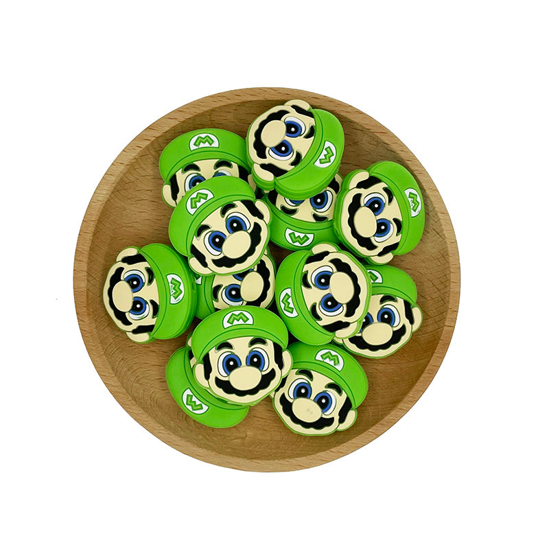 20pcs Silicone Focal Beads Green Cap Character Face Front Facing 2