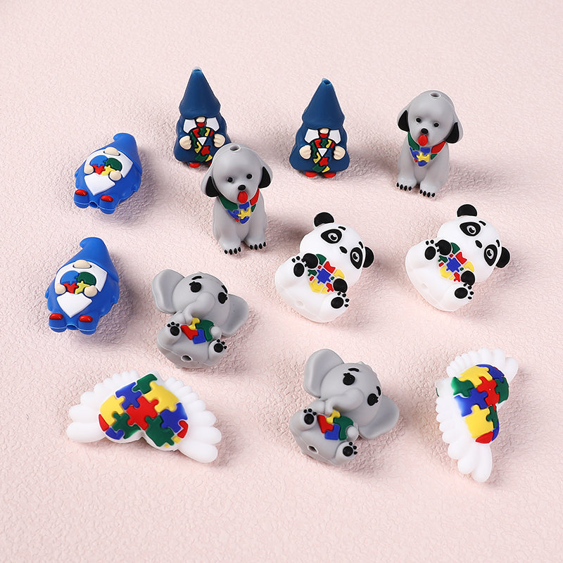 Silicone 3D Focal Beads Autism Pet Love Heart with Puzzle Design 7