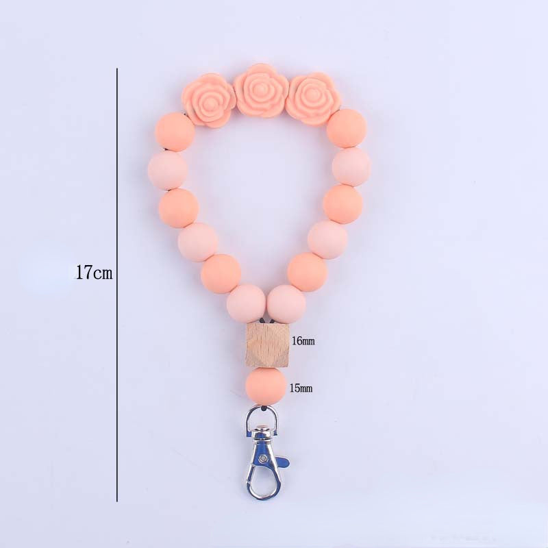 Rose Silicone Bead Wristlet Keychain with Wooden Accent Bead 5