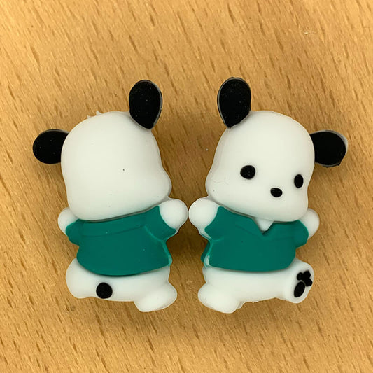 Silicone 3D Focal Beads White Dog Character Wearing Shirt Front Facing