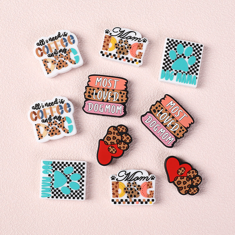 Silicone Focal Beads Leopard Dog Mom Series with Text and Paw Prints 6