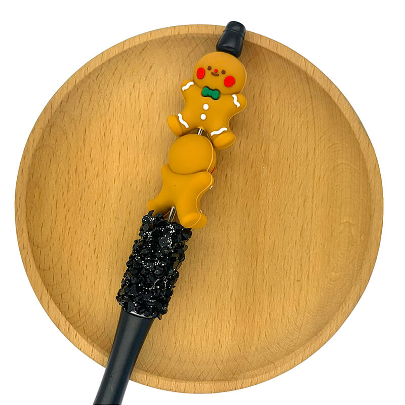 Silicone 3D Focal Beads Gingerbread Man Christmas Wearing Green Bow Tie 2