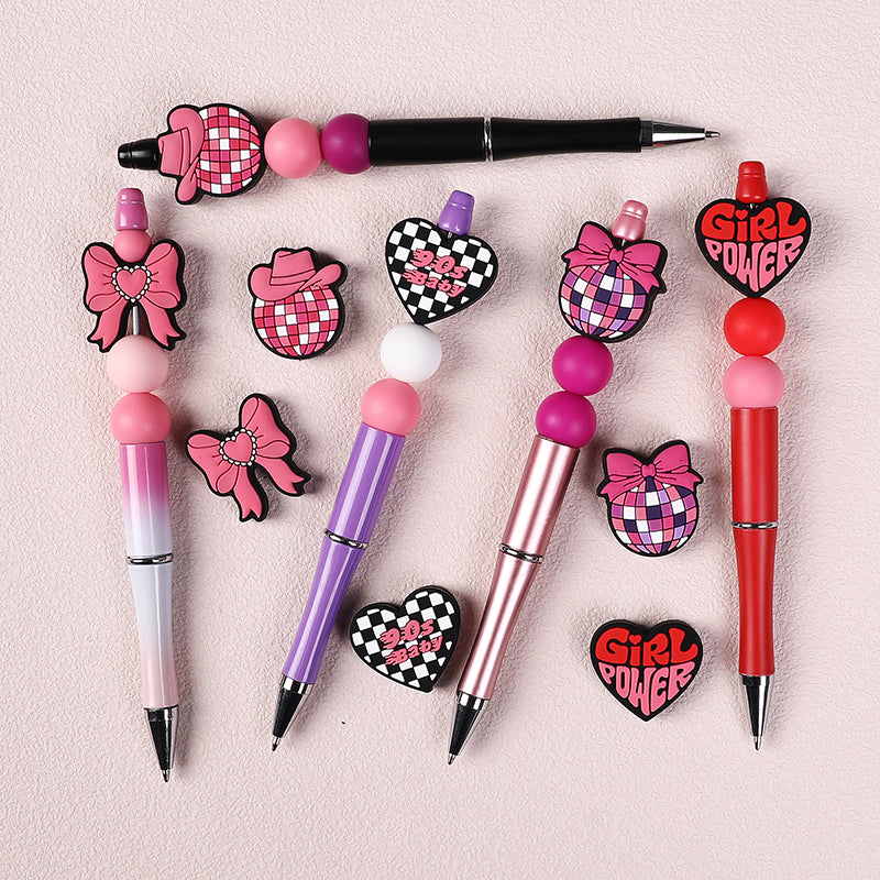 20pcs Silicone Focal Beads Pink Theme Heart Bow Checkered Designs 5