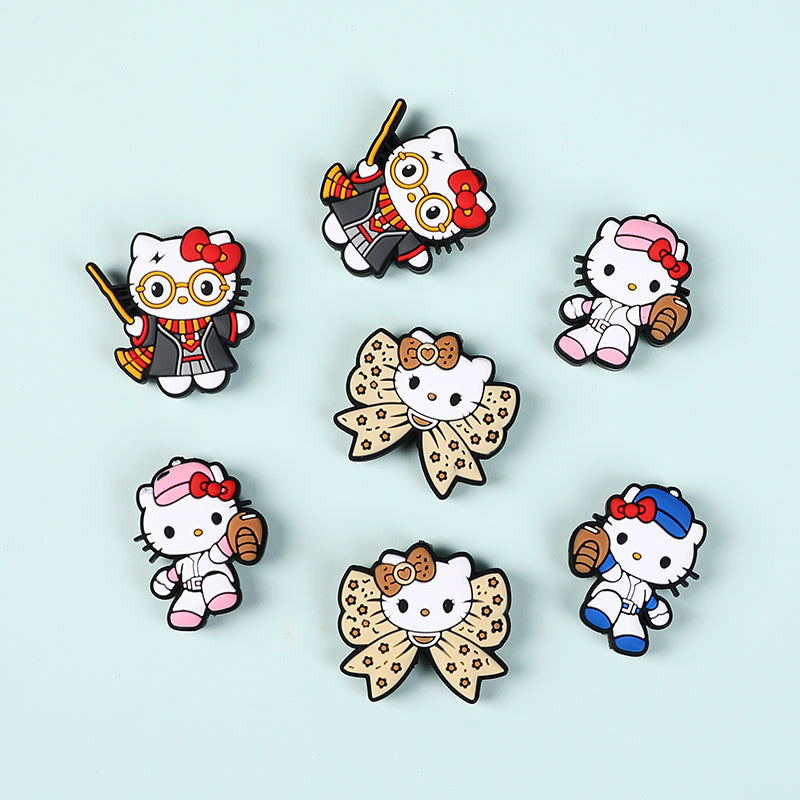 20Pcs Silicone Focal Beads White Cat No Mouth Red Bow with Accessories 3