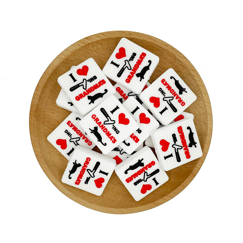 20pcs Silicone Focal Beads Square Heart Printed Text Design 2