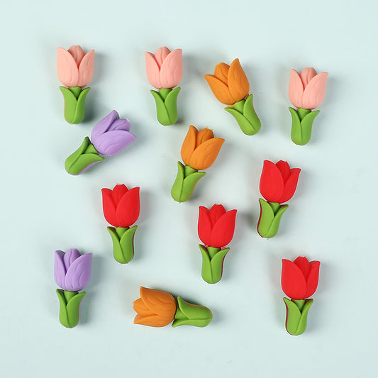 20Pcs Silicone 3D Focal Beads Tulip Flower with Green Leaves