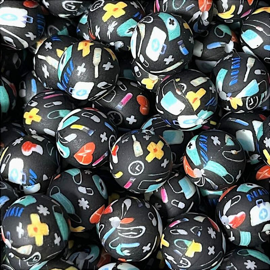 50pcs 15mm Mask Medical Print Silicone Beads