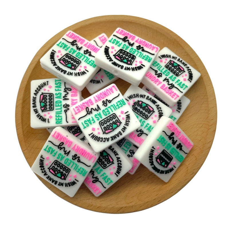 20pcs Silicone Focal Beads Laundry Basket Printed Text Design 2