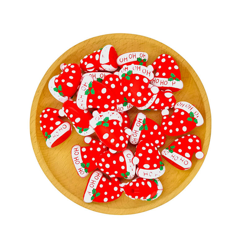 3D Silicone Focal Beads Christmas Hat Ho Ho Ho Green Leaf Detail 2