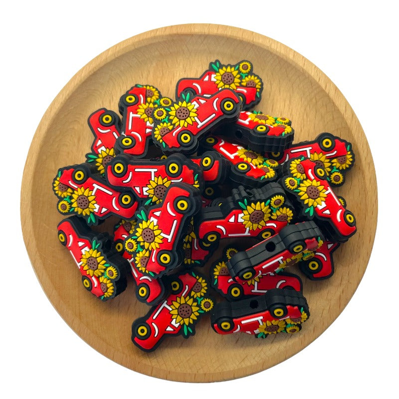 20pcs Silicone Focal Beads Sunflower Red Car Design 2
