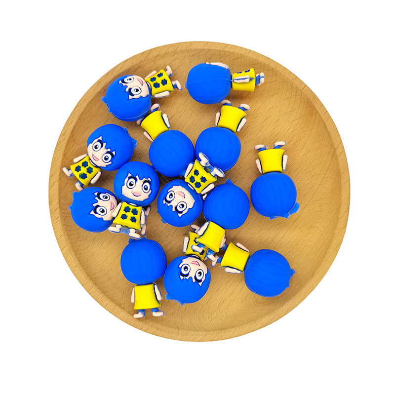Silicone 3D Focal Beads Girl Blue Hair Yellow Dress Front Facing 2