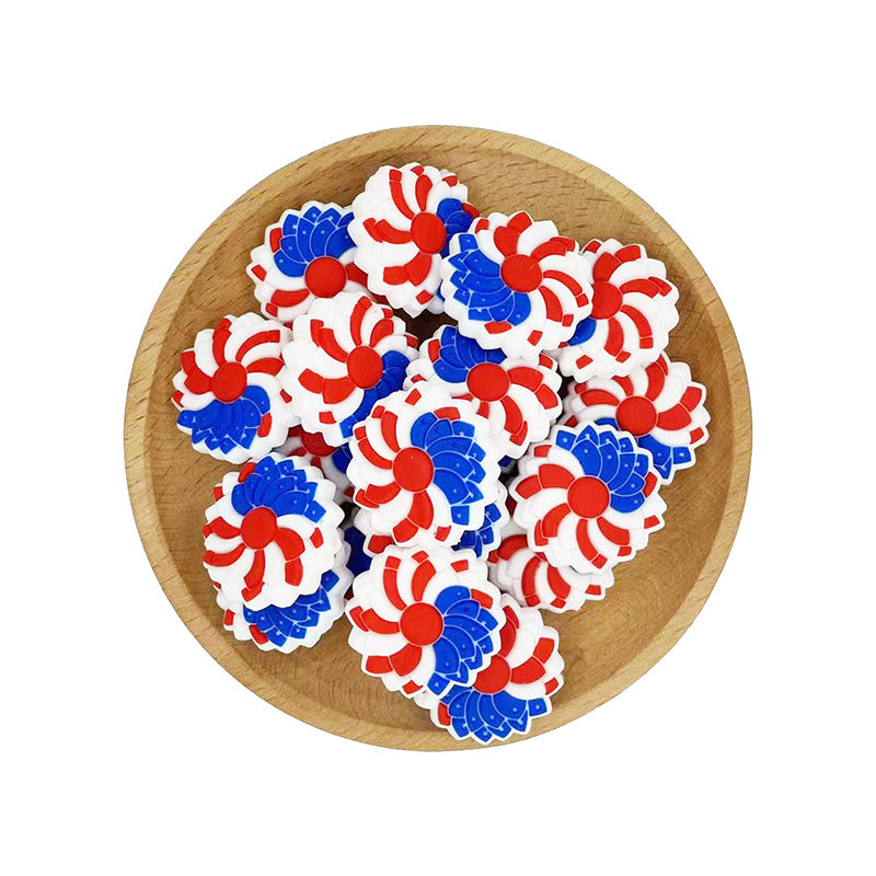 20pcs Silicone Focal Beads American Flower Red White Blue Pattern 2