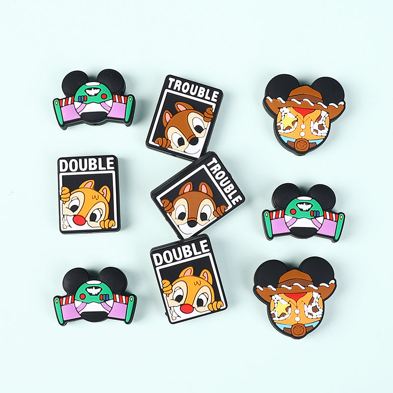 20Pcs Silicone Focal Beads Round Ear Mouse Character with Cowboy Hat and Space Helmet 4