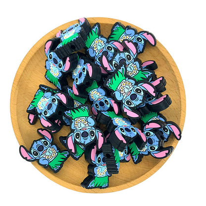 Silicone Focal Beads Blue Alien Character Large Ears Wearing Grass Skirt 2