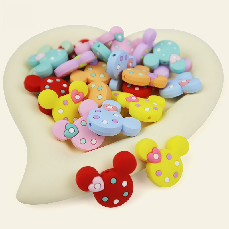Silicone Focal Beads Round Ear Mouse Character with Polka Dot Detail 5