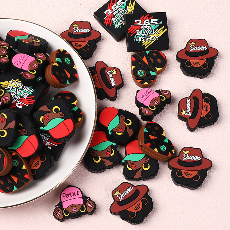 20pcs Silicone Focal Beads Black Girl Wearing Hat and Afro Hairstyle