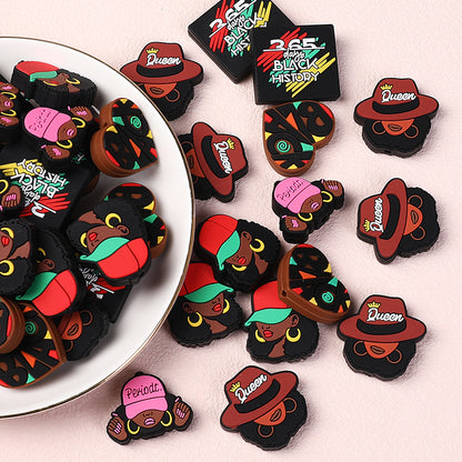20pcs Silicone Focal Beads Black Girl Wearing Hat and Afro Hairstyle