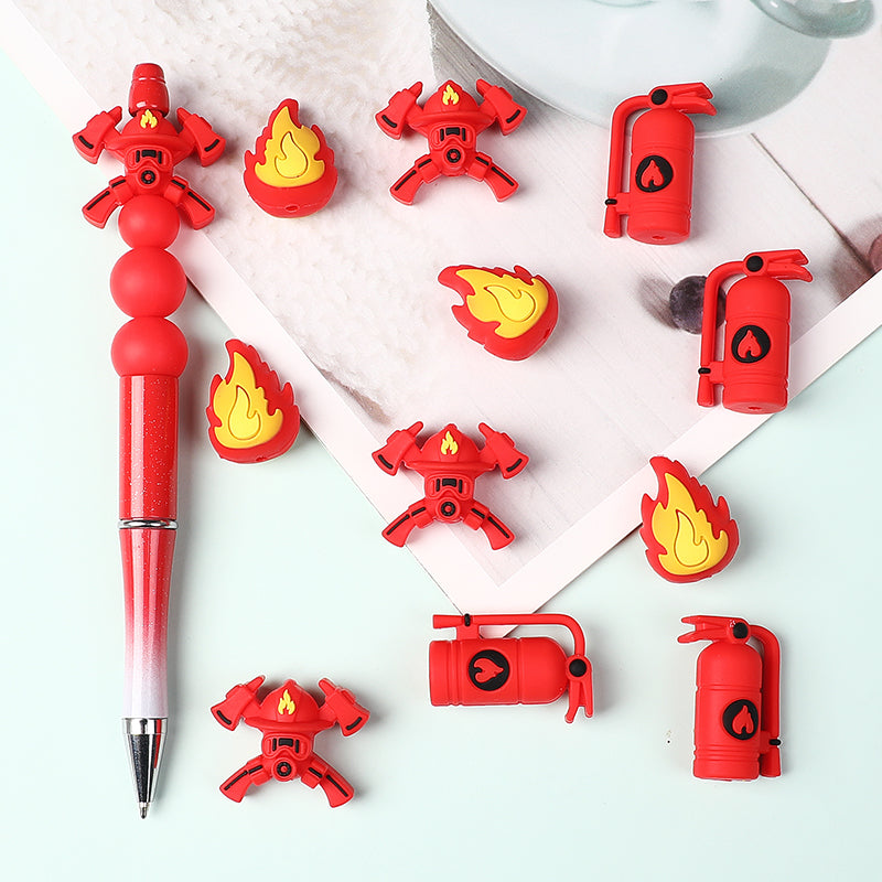 20Pcs Silicone 3D Focal Beads Fire Fighting Theme Wearing Fire Helmet and Crossed Axes 3