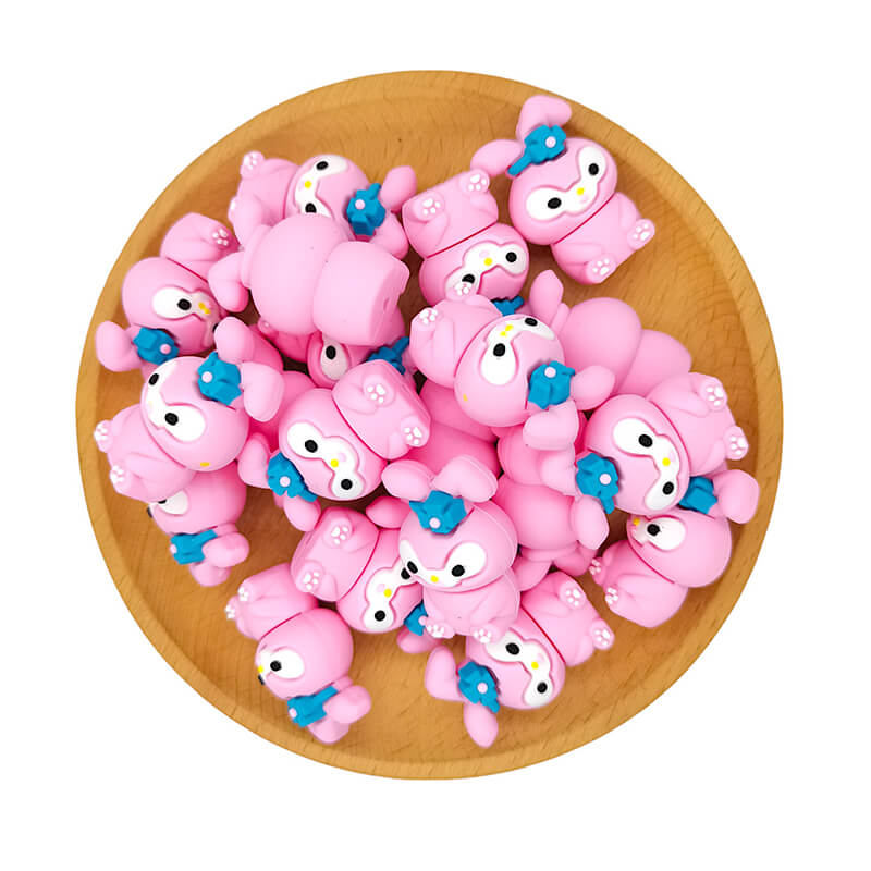 Silicone 3D Focal Beads Sitting Pink Bunny With Blue Flower Crown 2