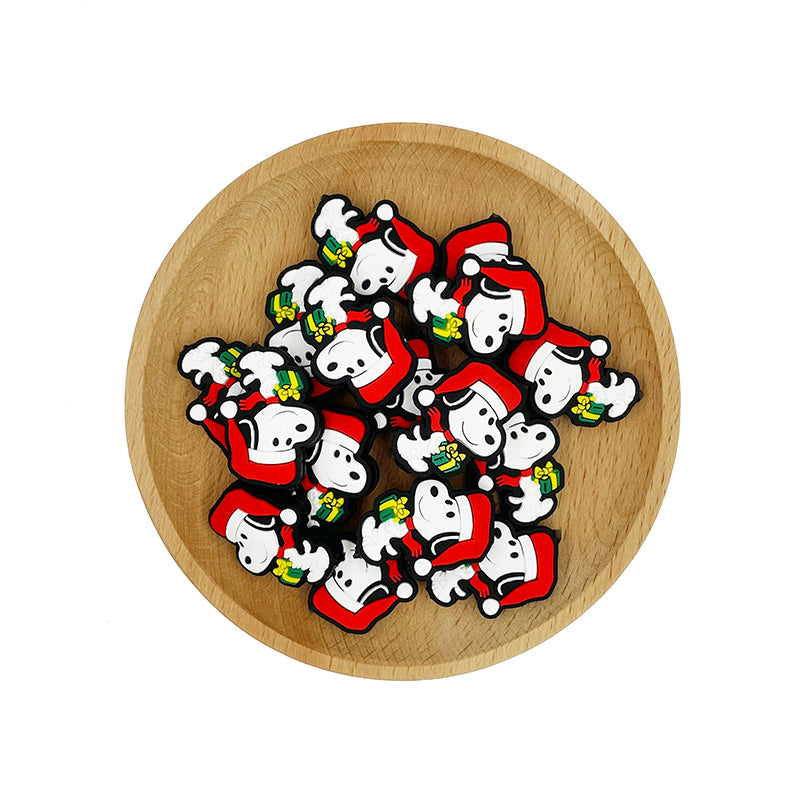 20pcs Silicone Focal Beads White Beagle Black Ears Wearing Santa Hat Holding Gift 2