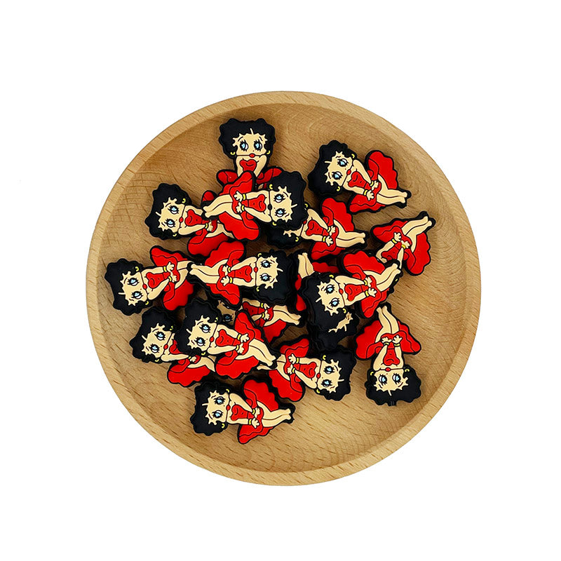 20pcs Silicone Focal Beads Woman with Black Curly Hair Red Dress 3