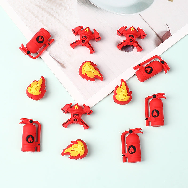 20Pcs Silicone 3D Focal Beads Fire Fighting Theme Wearing Fire Helmet and Crossed Axes 2