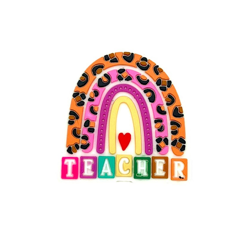 20pcs Silicone Focal Beads Rainbow Teacher With Leopard Print Detail
