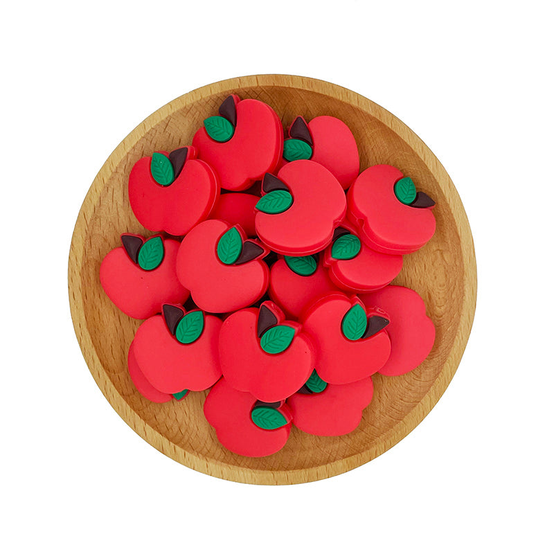 20pcs Silicone Focal Beads Apple Shape with Leaf Detail 2