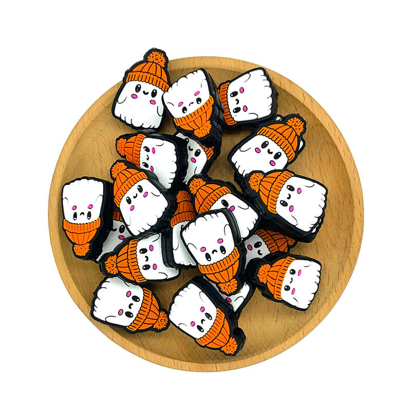 Silicone Focal Beads Baby Ghost Wearing Orange Hat Halloween 2