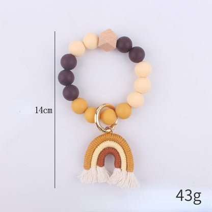 Rainbow Tassel Silicone Bead Wristlet Keychain with Wooden Accent 5
