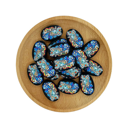 20pcs Silicone Focal Beads Black Rainbow Text Print 2