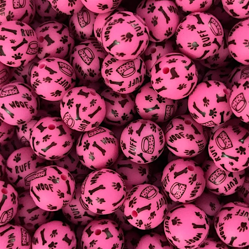 50pcs 15mm Wool Ruff Paw Dog Bone Print Silicone Beads Multi Color
