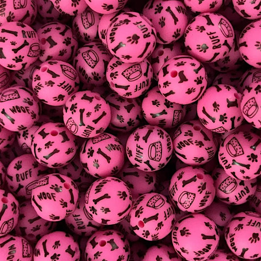 50pcs 15mm Wool Ruff Paw Dog Bone Print Silicone Beads Multi Color