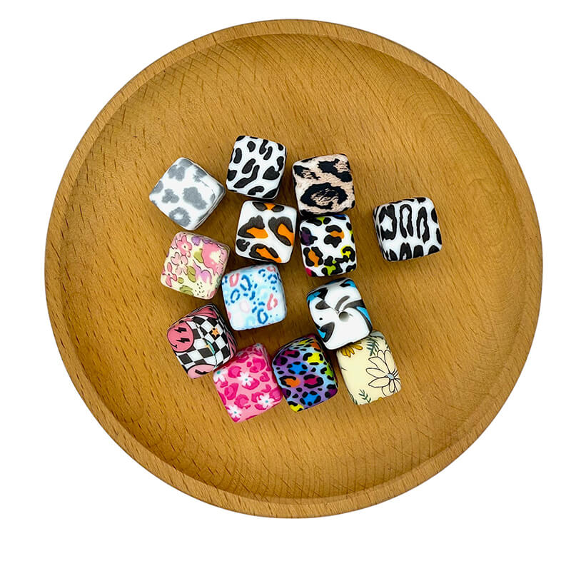 50pcs 13.5mm Printed Square Silicone Beads Variety Designs