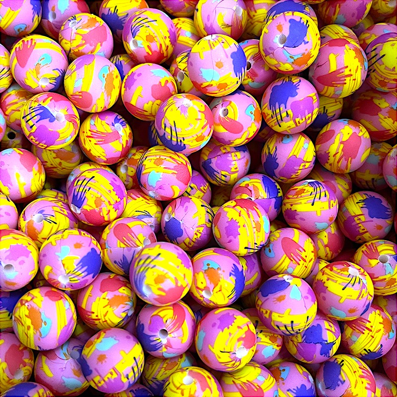 50pcs 15mm Printed Splatter Paint Silicone Beads Multicolor Design 3