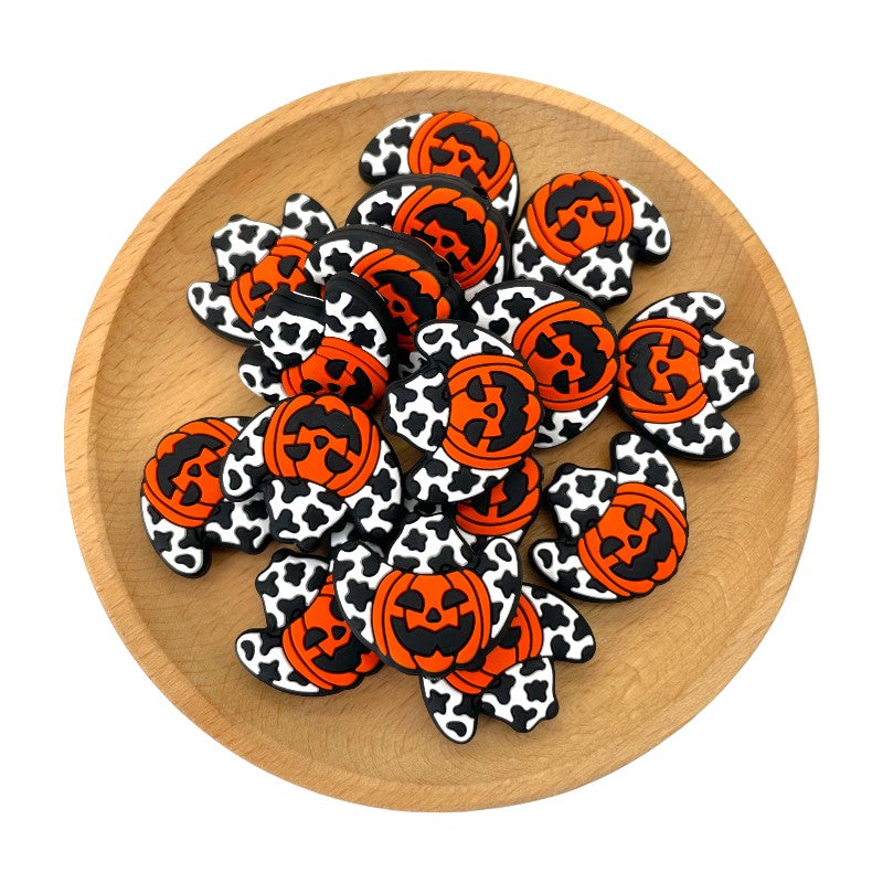20pcs Silicone Focal Beads Halloween Pumpkin Wearing Cowboy Hat 2